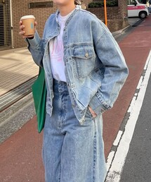 ノーカラーデニムジャケット