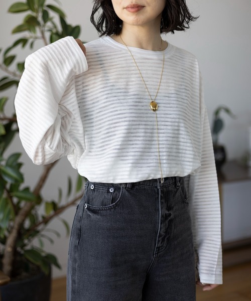 LEPSIM(レプシィム)の「シアー長袖ボーダー 992090(Tシャツ/カットソー・レディース・ブラック/オフホワイト/グリーン・FREE)」の1枚目の写真