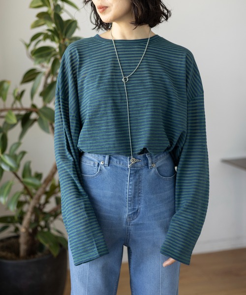 LEPSIM(レプシィム)の「シアー長袖ボーダー 992090(Tシャツ/カットソー・レディース・ブラック/オフホワイト/グリーン・FREE)」の3枚目の写真