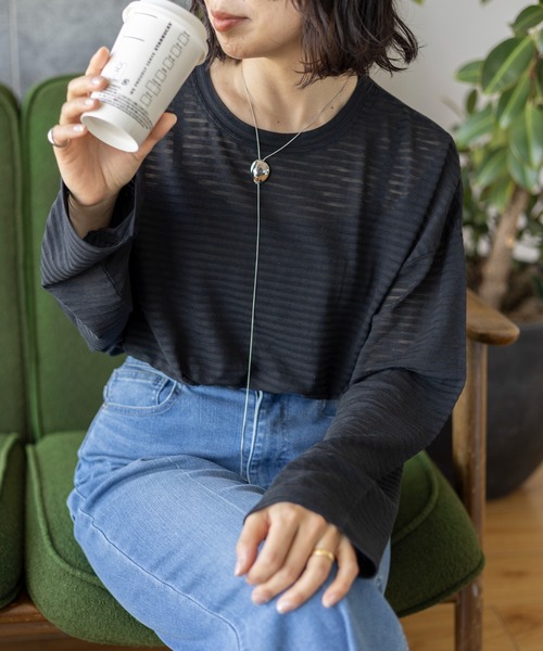 LEPSIM(レプシィム)の「シアー長袖ボーダー 992090(Tシャツ/カットソー・レディース・ブラック/オフホワイト/グリーン・FREE)」の2枚目の写真