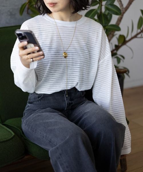 LEPSIM(レプシィム)の「シアー長袖ボーダー 992090(Tシャツ/カットソー・レディース・ブラック/オフホワイト/グリーン・FREE)」の15枚目の写真