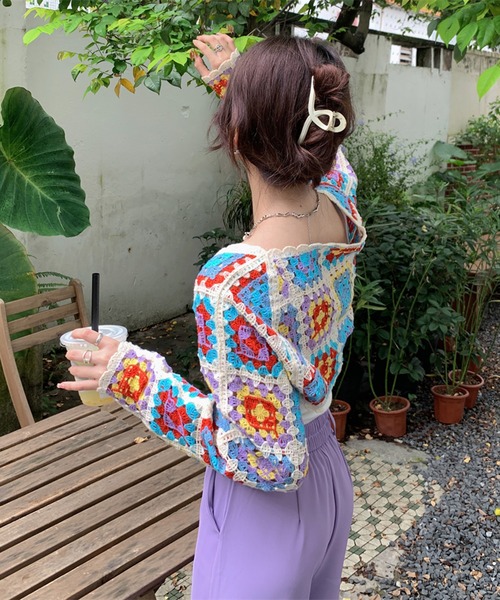 レトロ フラワー クロシェ かぎ針編みニット ボレロ（カーディガン