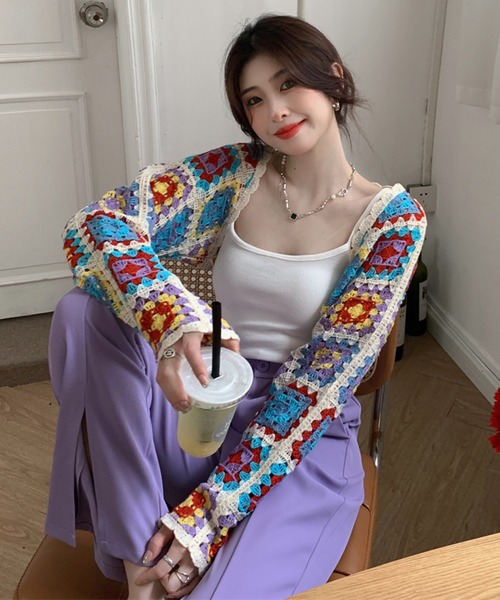 レトロ フラワー クロシェ かぎ針編みニット ボレロ
