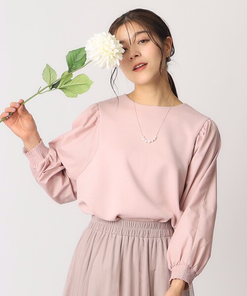 DRESKIP（ドレスキップ）の「◆【8分袖】お袖異素材 ドッキングトップス（Tシャツ/カットソー・レディース・サンドベージュ/ライトブルー/ベビーピンク/ブラック・04/03/02）」の4枚目の写真