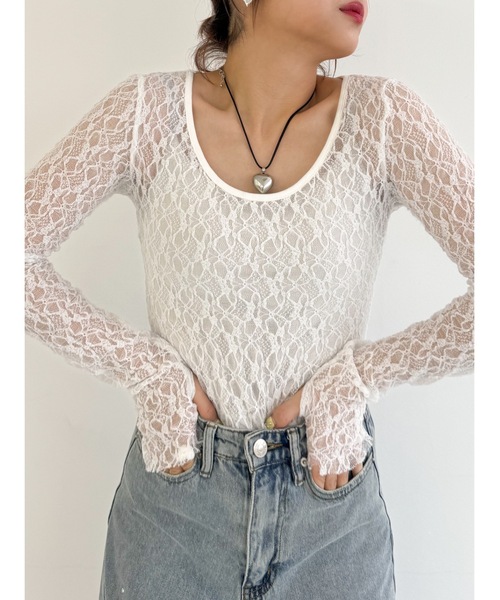 tシャツ 「前後2way/サムホール付き」flower lace sew レディース jumelle（ジュメロ）の「【前後2way/サムホール付き】flower