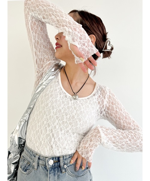 tシャツ 「前後2way/サムホール付き」flower lace sew レディース 前後2way/サムホール付き】flower lace sew（Tシャツ/カットソー