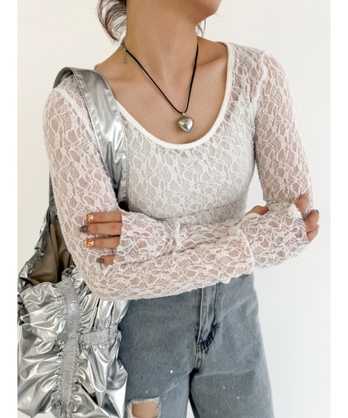 tシャツ 「前後2way/サムホール付き」flower lace sew レディース 前後2way/サムホール付き】flower lace sew（Tシャツ/カットソー