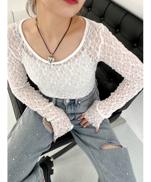 tシャツ 「前後2way/サムホール付き」flower lace sew レディース 前後2way/サムホール付き】flower lace sew（Tシャツ/カットソー