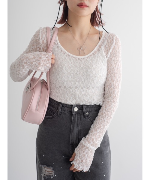tシャツ 「前後2way/サムホール付き」flower lace sew レディース 前後2way/サムホール付き】flower lace sew（Tシャツ/カットソー