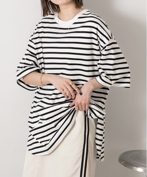 ad thie(アドティエ)の「裾ラウンド ボーダーTシャツ(Tシャツ/カットソー・レディース・モスグリーン/ネイビー/ピンク/オフホワイト/ライトブルー/ブラック/モカ・MEDIUM/LARGE)」の1枚目の写真