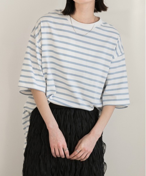 ad thie(アドティエ)の「裾ラウンド ボーダーTシャツ(Tシャツ/カットソー・レディース・モスグリーン/ネイビー/ピンク/オフホワイト/ライトブルー/ブラック/モカ・MEDIUM/LARGE)」の5枚目の写真