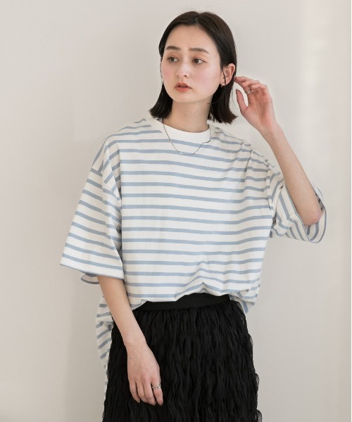 ad thie(アドティエ)の「裾ラウンド ボーダーTシャツ(Tシャツ/カットソー・レディース・モスグリーン/ネイビー/ピンク/オフホワイト/ライトブルー/ブラック/モカ・MEDIUM/LARGE)」の20枚目の写真