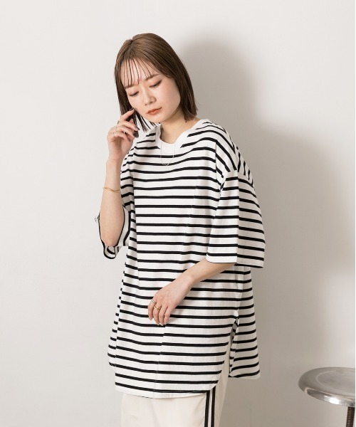 ad thie(アドティエ)の「裾ラウンド ボーダーTシャツ(Tシャツ/カットソー・レディース・モスグリーン/ネイビー/ピンク/オフホワイト/ライトブルー/ブラック/モカ・MEDIUM/LARGE)」の10枚目の写真