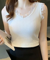 背中あき レース ランダムリブ Vネックタンクトップ