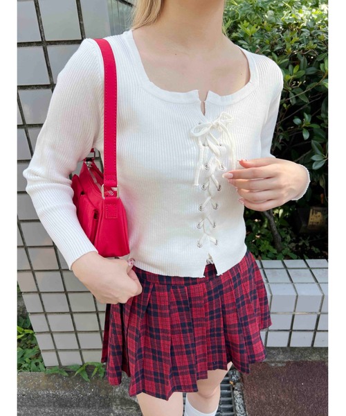 PHILLY（フィリー）の「【PHILLY】レースアップピチトップス（ニット/セーター・レディース・ホワイト/ブラック/グレー・FREE）」の6枚目の写真