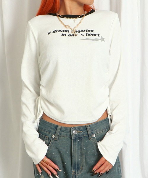 GORGE（ゴージ）の「《ロゴ×ドロスト》レディース テレコ長袖Tシャツ クロップド丈 ストリート 春秋（Tシャツ/カットソー・レディース・チャコールグレー/オフホワイト/ブラック・F）」の2枚目の写真