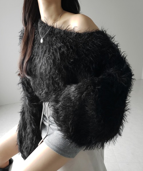 me+em select(ミームセレクト)の「【 選べる6色展開 】フラッフィーシャギールーズショートニット / fluffy shaggy loose short knit(ニット/セーター・レディース・ピンク/ホワイト/ベージュ/ブラック/ブルー/グレー・FREE)」の1枚目の写真