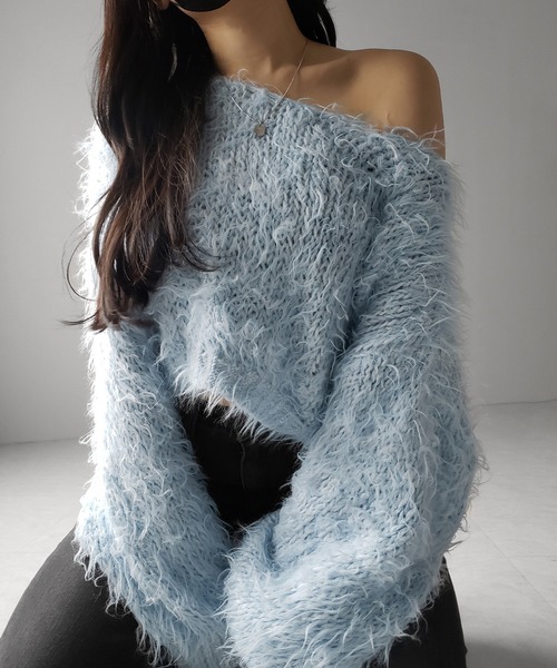me+em select(ミームセレクト)の「【 選べる6色展開 】フラッフィーシャギールーズショートニット / fluffy shaggy loose short knit(ニット/セーター・レディース・ピンク/ホワイト/ベージュ/ブラック/ブルー/グレー・FREE)」の12枚目の写真
