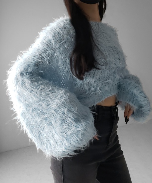 me+em select(ミームセレクト)の「【 選べる6色展開 】フラッフィーシャギールーズショートニット / fluffy shaggy loose short knit(ニット/セーター・レディース・ピンク/ホワイト/ベージュ/ブラック/ブルー/グレー・FREE)」の9枚目の写真