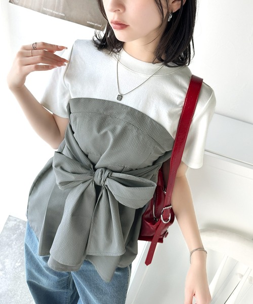 classicalelf(クラシカルエルフ)の「一枚でトレンドコーデが完成♪ビスチェ風2wayリボン使いサッカー素材ドッキングトップス(半袖)(Tシャツ/カットソー・レディース・ブラック系その他/ホワイト×グレー/ホワイト系その他2/ホワイト系その他・LARGE/MEDIUM/SMALL/X-LARGE)」の9枚目の写真