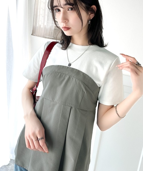 classicalelf(クラシカルエルフ)の「一枚でトレンドコーデが完成♪ビスチェ風2wayリボン使いサッカー素材ドッキングトップス(半袖)(Tシャツ/カットソー・レディース・ブラック系その他/ホワイト×グレー/ホワイト系その他2/ホワイト系その他・LARGE/MEDIUM/SMALL/X-LARGE)」の11枚目の写真