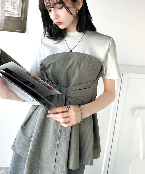 classicalelf(クラシカルエルフ)の「一枚でトレンドコーデが完成♪ビスチェ風2wayリボン使いサッカー素材ドッキングトップス(半袖)(Tシャツ/カットソー・レディース・ブラック系その他/ホワイト×グレー/ホワイト系その他2/ホワイト系その他・LARGE/MEDIUM/SMALL/X-LARGE)」の6枚目の写真