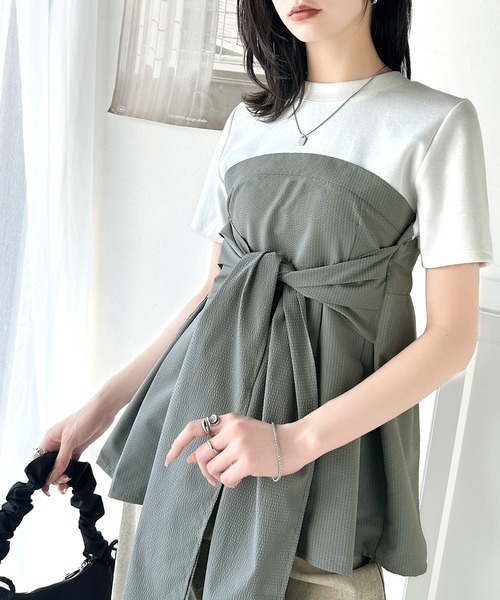 classicalelf(クラシカルエルフ)の「一枚でトレンドコーデが完成♪ビスチェ風2wayリボン使いサッカー素材ドッキングトップス(半袖)(Tシャツ/カットソー・レディース・ブラック系その他/ホワイト×グレー/ホワイト系その他2/ホワイト系その他・LARGE/MEDIUM/SMALL/X-LARGE)」の5枚目の写真