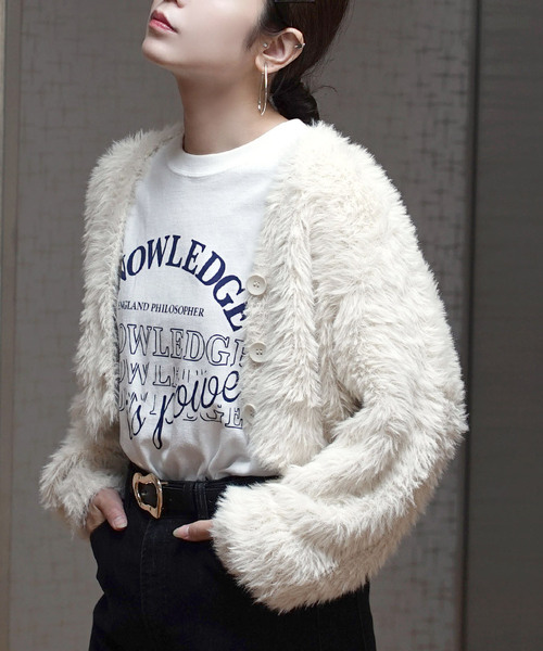 MIMIMEMETE（ミミメメット）の「DOUGHY SHAGGY KNIT［ショートカーディガン］（ニット/セーター・レディース・ブラック/サックスブルー/レッド/アイボリー・フリー）」の3枚目の写真