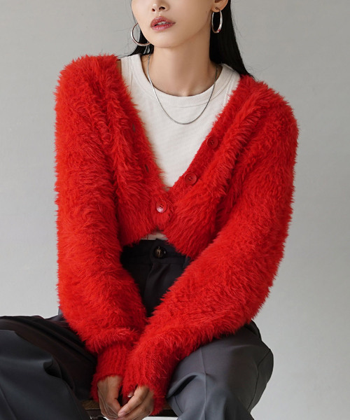 MIMIMEMETE（ミミメメット）の「DOUGHY SHAGGY KNIT［ショートカーディガン］（ニット/セーター・レディース・ブラック/サックスブルー/レッド/アイボリー・フリー）」の4枚目の写真