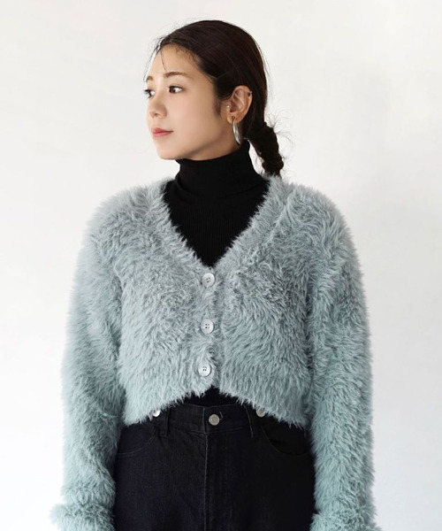 MIMIMEMETE（ミミメメット）の「DOUGHY SHAGGY KNIT［ショートカーディガン］（ニット/セーター・レディース・ブラック/サックスブルー/レッド/アイボリー・フリー）」の6枚目の写真