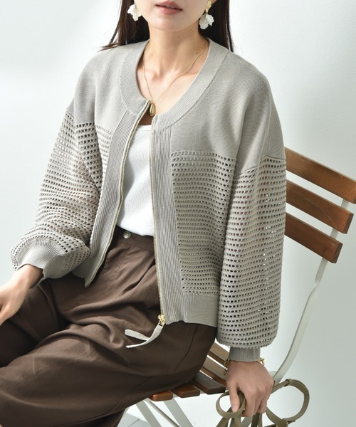 INTERPLANET（インタープラネット）の「メッシュニットＺＩＰブルゾン（カーディガン/ボレロ・レディース・チャコールグレー/ブルー/グレイッシュベージュ/アイボリー・FREE）」の4枚目の写真