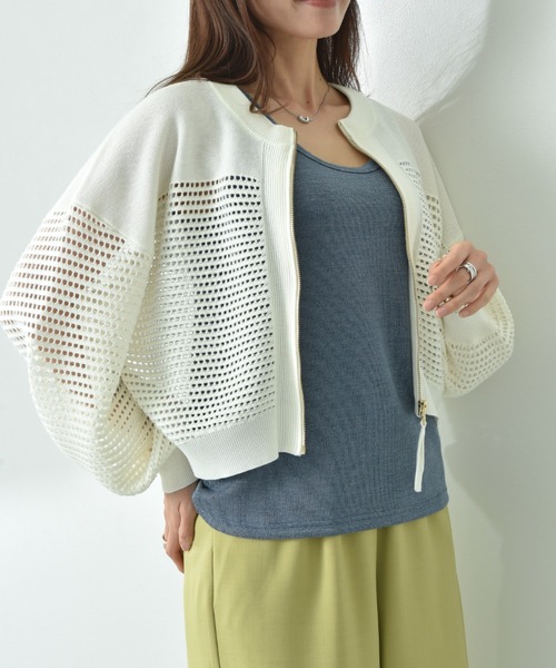 INTERPLANET（インタープラネット）の「メッシュニットＺＩＰブルゾン（カーディガン/ボレロ・レディース・チャコールグレー/ブルー/グレイッシュベージュ/アイボリー・FREE）」の12枚目の写真