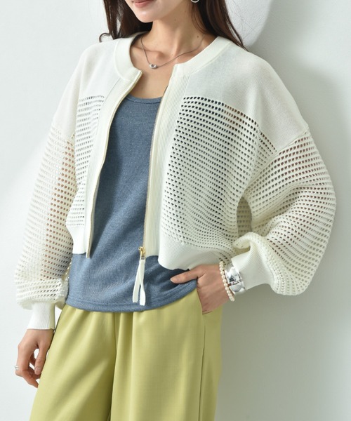 INTERPLANET（インタープラネット）の「メッシュニットＺＩＰブルゾン（カーディガン/ボレロ・レディース・チャコールグレー/ブルー/グレイッシュベージュ/アイボリー・FREE）」の8枚目の写真