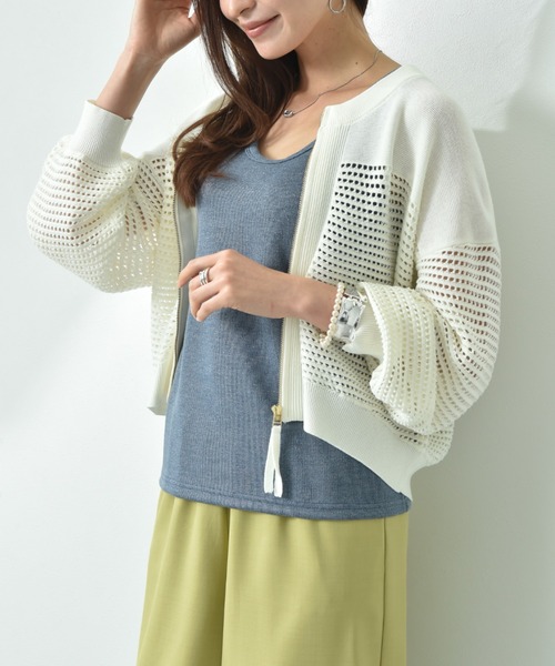 INTERPLANET（インタープラネット）の「メッシュニットＺＩＰブルゾン（カーディガン/ボレロ・レディース・チャコールグレー/ブルー/グレイッシュベージュ/アイボリー・FREE）」の9枚目の写真