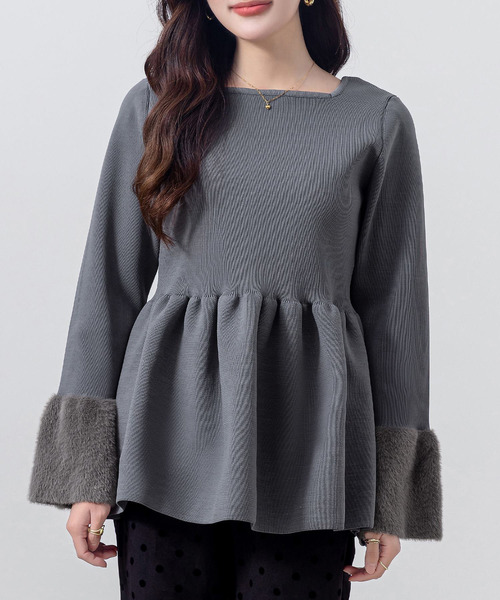 DAY CLOSET（デイ クローゼット）の「レディース 長袖2WAYファーベルスリーブペプラムニットトップス（ニット/セーター・レディース・ブラック/グレー/ホワイト・L/M）」の19枚目の写真