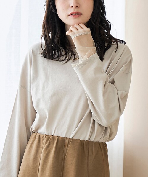 coen(コーエン)の「【再入荷・新色登場】袖チュール切替ロングスリーブTシャツ(インフルエンサー紹介アイテム)(Tシャツ/カットソー・レディース・ダークグレー/その他1/オフホワイト/ライトピンク/ブラック/クリーム/ベージュ/その他2・FREE)」の4枚目の写真