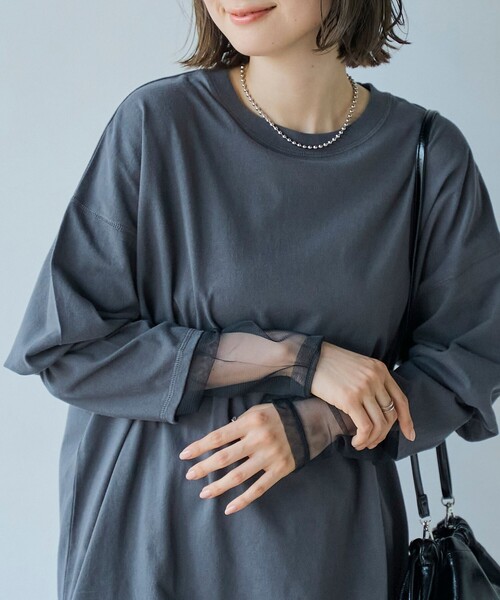 coen(コーエン)の「【再入荷・新色登場】袖チュール切替ロングスリーブTシャツ(インフルエンサー紹介アイテム)(Tシャツ/カットソー・レディース・ダークグレー/その他1/オフホワイト/ライトピンク/ブラック/クリーム/ベージュ/その他2・FREE)」の3枚目の写真