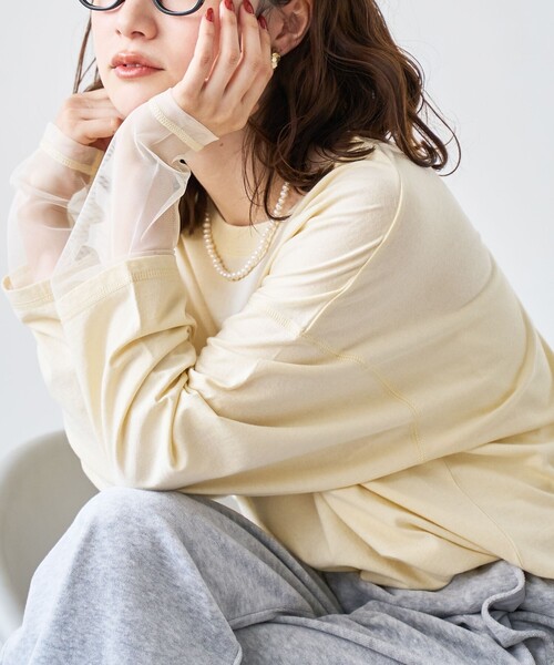 coen(コーエン)の「【再入荷・新色登場】袖チュール切替ロングスリーブTシャツ(インフルエンサー紹介アイテム)(Tシャツ/カットソー・レディース・ダークグレー/その他1/オフホワイト/ライトピンク/ブラック/クリーム/ベージュ/その他2・FREE)」の5枚目の写真