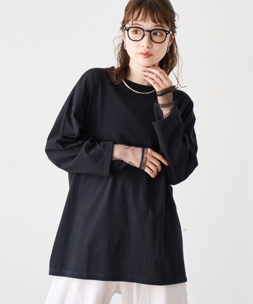 coen(コーエン)の「【再入荷・新色登場】袖チュール切替ロングスリーブTシャツ(インフルエンサー紹介アイテム)(Tシャツ/カットソー・レディース・ダークグレー/その他1/オフホワイト/ライトピンク/ブラック/クリーム/ベージュ/その他2・FREE)」の10枚目の写真