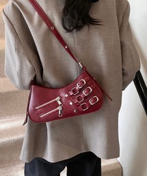 バックルディテール フェイクレザー ショルダーバッグ