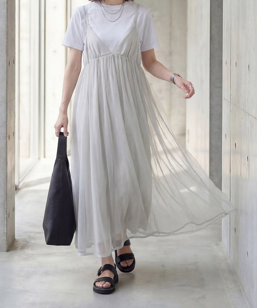 STYLE DELI(スタイルデリ)の「【LUXE】チュールギャザーキャミ型ワンピース(ワンピース・レディース・ブラック/ライトグレー/ブラウン・FREE)」の1枚目の写真