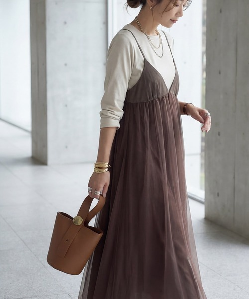 STYLE DELI(スタイルデリ)の「【LUXE】チュールギャザーキャミ型ワンピース(ワンピース・レディース・ブラック/ライトグレー/ブラウン・FREE)」の12枚目の写真
