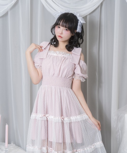 Honey Cinnamon リボン付きドットチュールワンピース ピンク ハニー