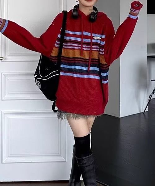CERCA（チェルカ）の「【 MEMECLE / メメクル 】マルチ ライン ボーダー  ダメージ ニットフーディー（ニット/セーター・レディース・ホワイト/レッド・L/S/M）」の14枚目の写真