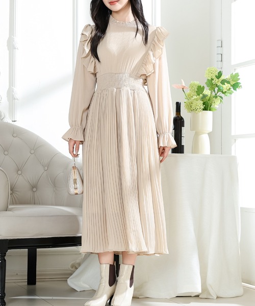 Lace Ladies（レースレディース）の「肩フリル プリーツ キャンディスリーブ ロング ワンピース（ワンピース・レディース・ネイビー/ベージュ/ピンク/ブラック・S/FREE）」の2枚目の写真