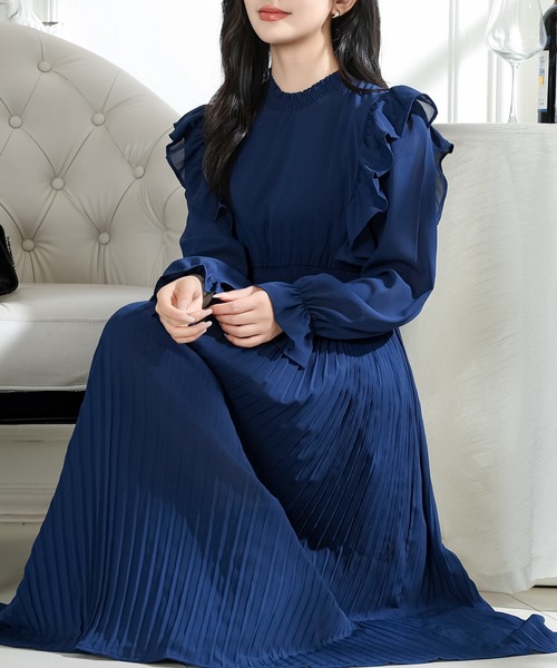 Lace Ladies（レースレディース）の「肩フリル プリーツ キャンディスリーブ ロング ワンピース（ワンピース・レディース・ネイビー/ベージュ/ピンク/ブラック・S/FREE）」の3枚目の写真