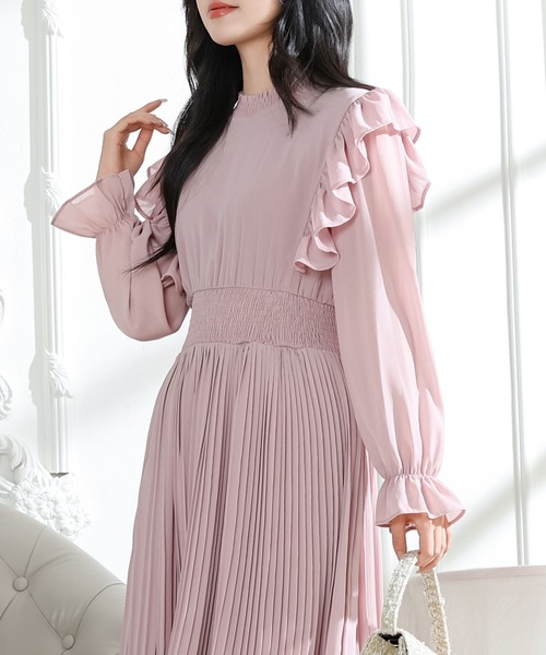 Lace Ladies（レースレディース）の「肩フリル プリーツ キャンディスリーブ ロング ワンピース（ワンピース・レディース・ネイビー/ベージュ/ピンク/ブラック・S/FREE）」の4枚目の写真
