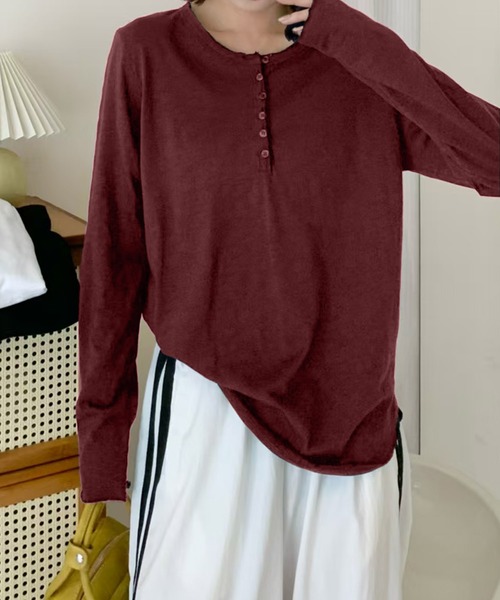 aimoha(アイモハ)の「ヘンリーネック長袖Tシャツ(Tシャツ/カットソー・レディース・ネイビー/ホワイト/ブラック/ワインレッド・MEDIUM/LARGE)」の14枚目の写真