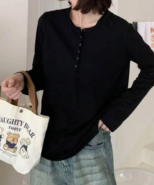 aimoha(アイモハ)の「ヘンリーネック長袖Tシャツ(Tシャツ/カットソー・レディース・ネイビー/ホワイト/ブラック/ワインレッド・MEDIUM/LARGE)」の10枚目の写真