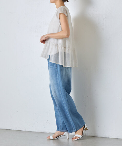 【美品】ビアズリー beardsley フリルカラーブラウス 15 quinze》裾フリルメッシュブラウス（シャツ/ブラウス